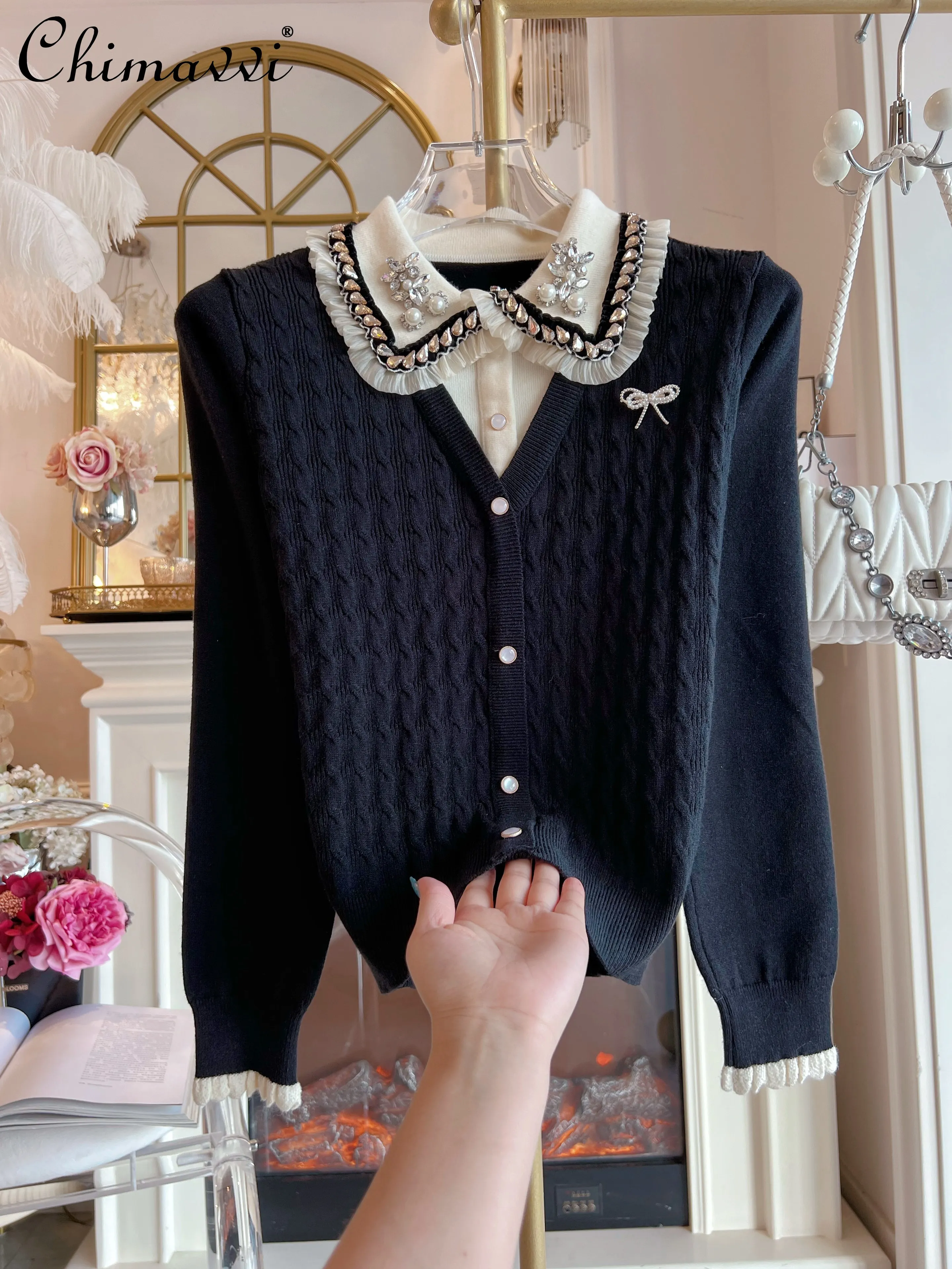 

Autumn Winter Heavy Embellished Doll Collar Fake Two-Piece Sweater Fashion Loose Pullover Long Sleeve Knitted Top Women Cardigan