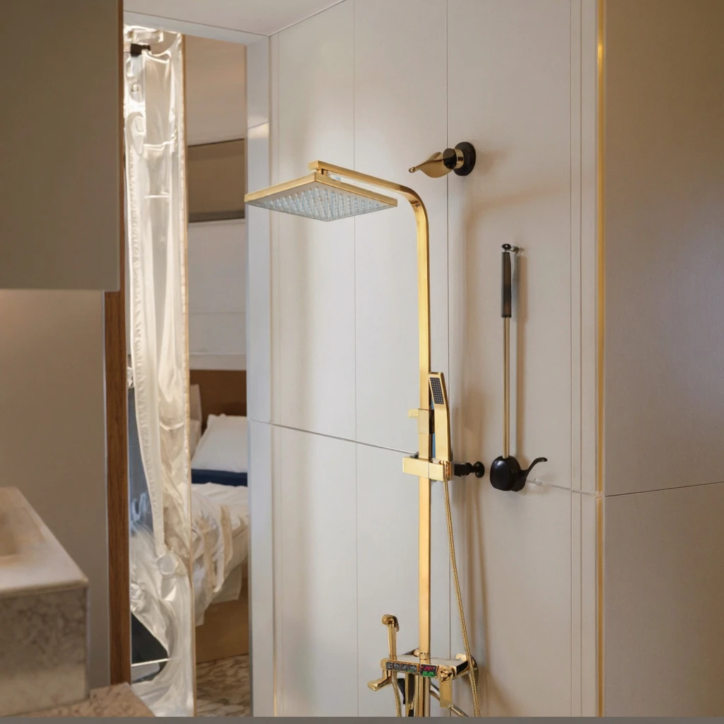 Shower Set,JIENI Thermostatic Rain Square Gold Shower Head Hand Shower Faucet Set Bathroom Mixer Taps Kit Made Of Brass