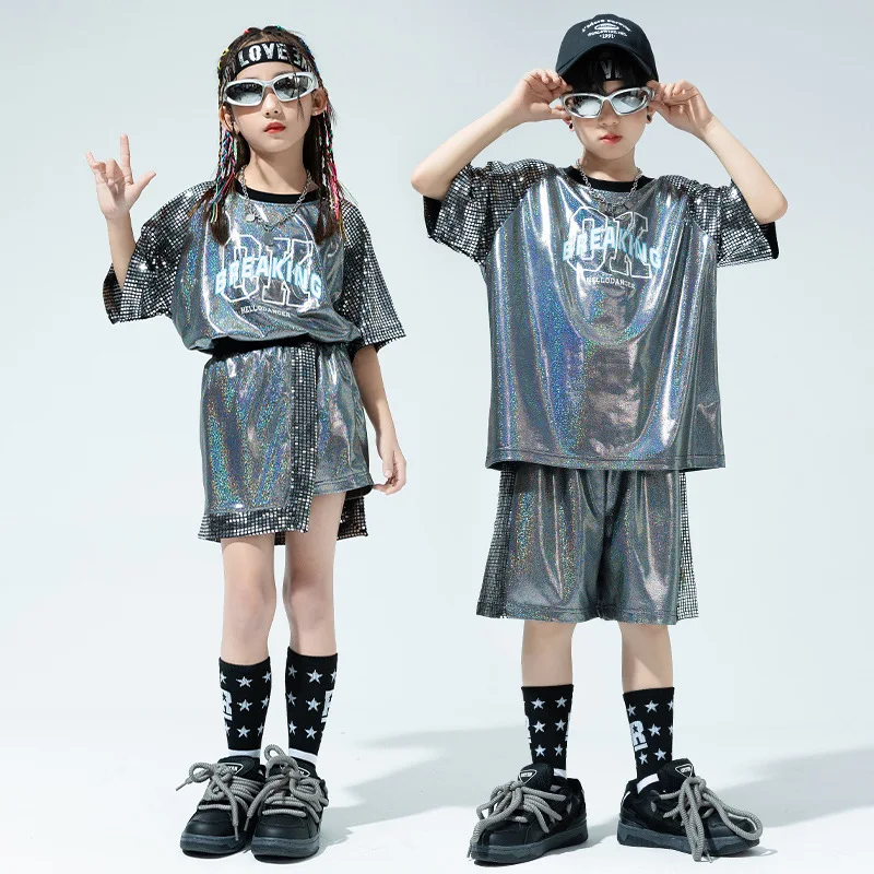 Boys Hip Hop T Shirt Girl Jazz Shorts 2 Pcs Set Kids Sequin Shine Street Dance Cheerleading Stage Performance Uniform