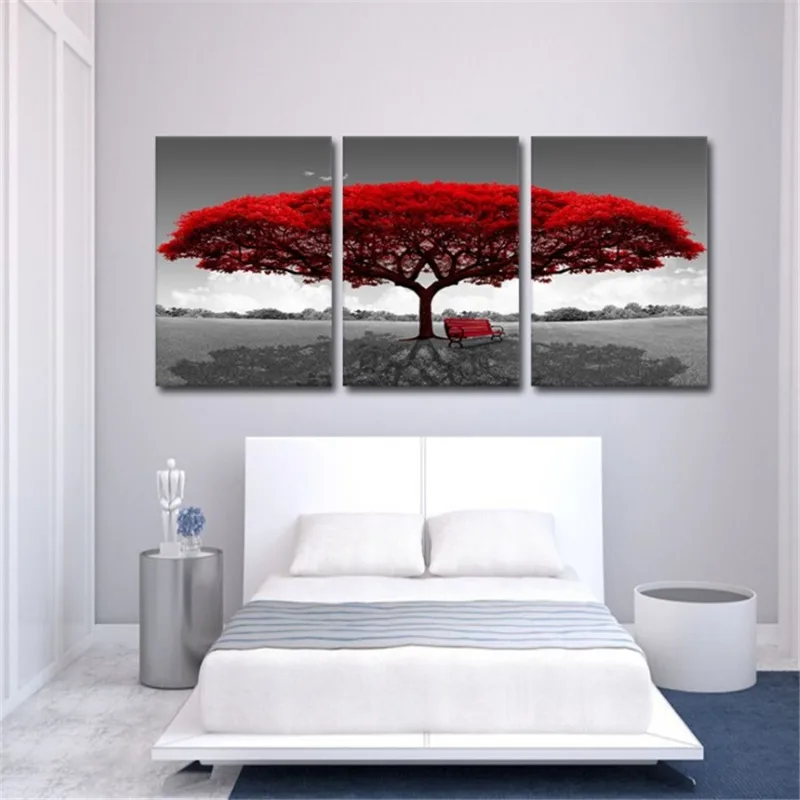 Diamond Painting Red Tree 3 Pcs  Red Bench Set Hobby Art 5D DIY Full Drill Square Round Mosaic Stitch Cross Home Decoration