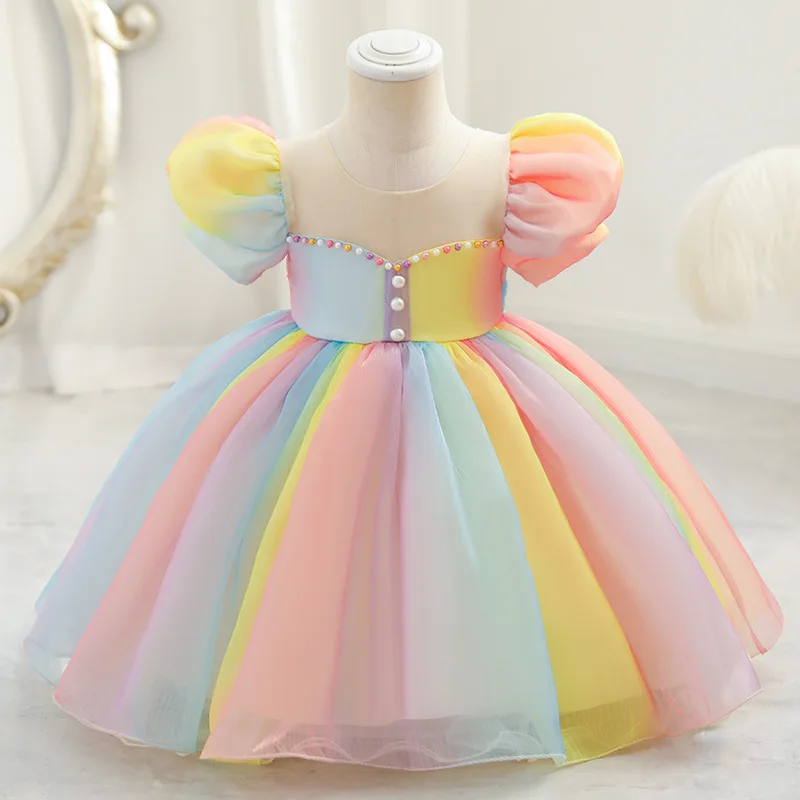 Girl Dress Fluffy Skirt Summer Baby Bubble Sleeve Princess Skirt Children's Rainbow Color Ball Gown Frocks Vestidos De Festa