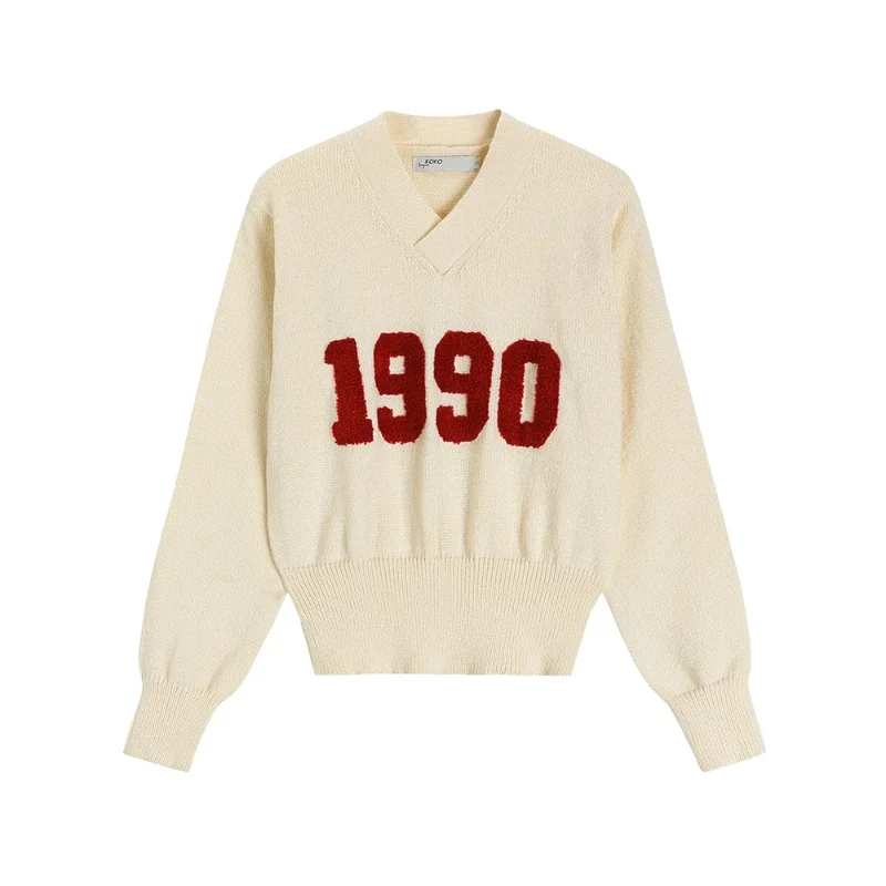 

Korean Style Autumn and Winter Knitted Sweater Women with Contrasting Letter Design Sexy V-neck Slim Fit Waist Female Clothing