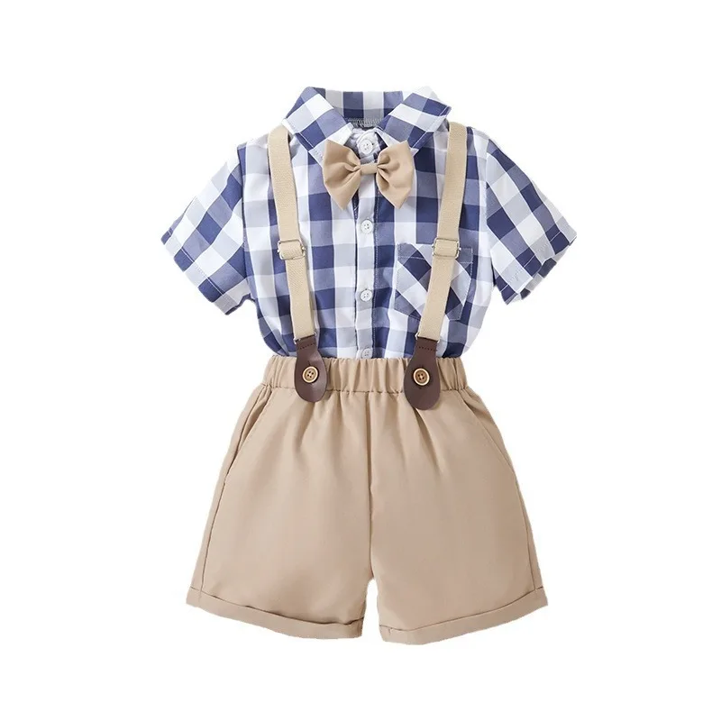 

Summer A Korean Style Plaid Shirt + Suspender Shorts Sets Boys Clothes Cotton Kids Clothing Suits Children