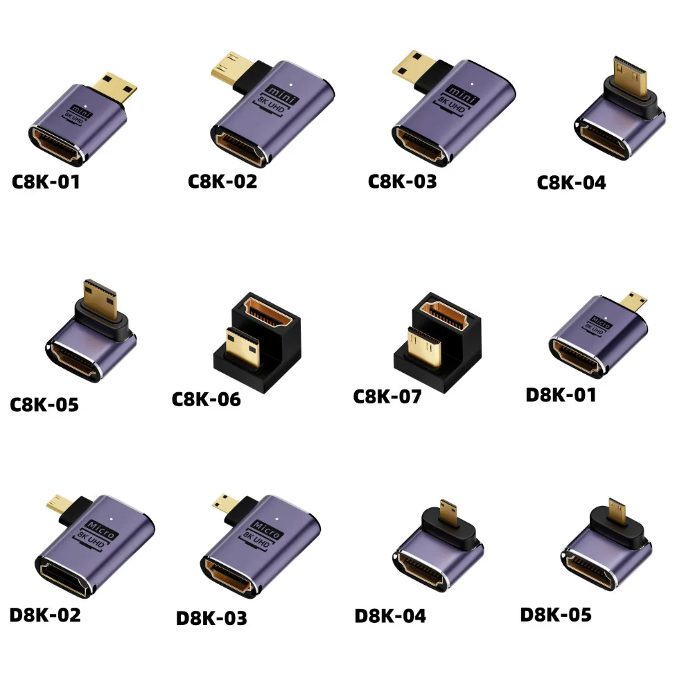 

8K To Micro/Mini HDMI Adapter Version 2.1 Left Right Bends Up Converter 8K@60HZ/4K@120HZ Laptop Usage Direct Current Output