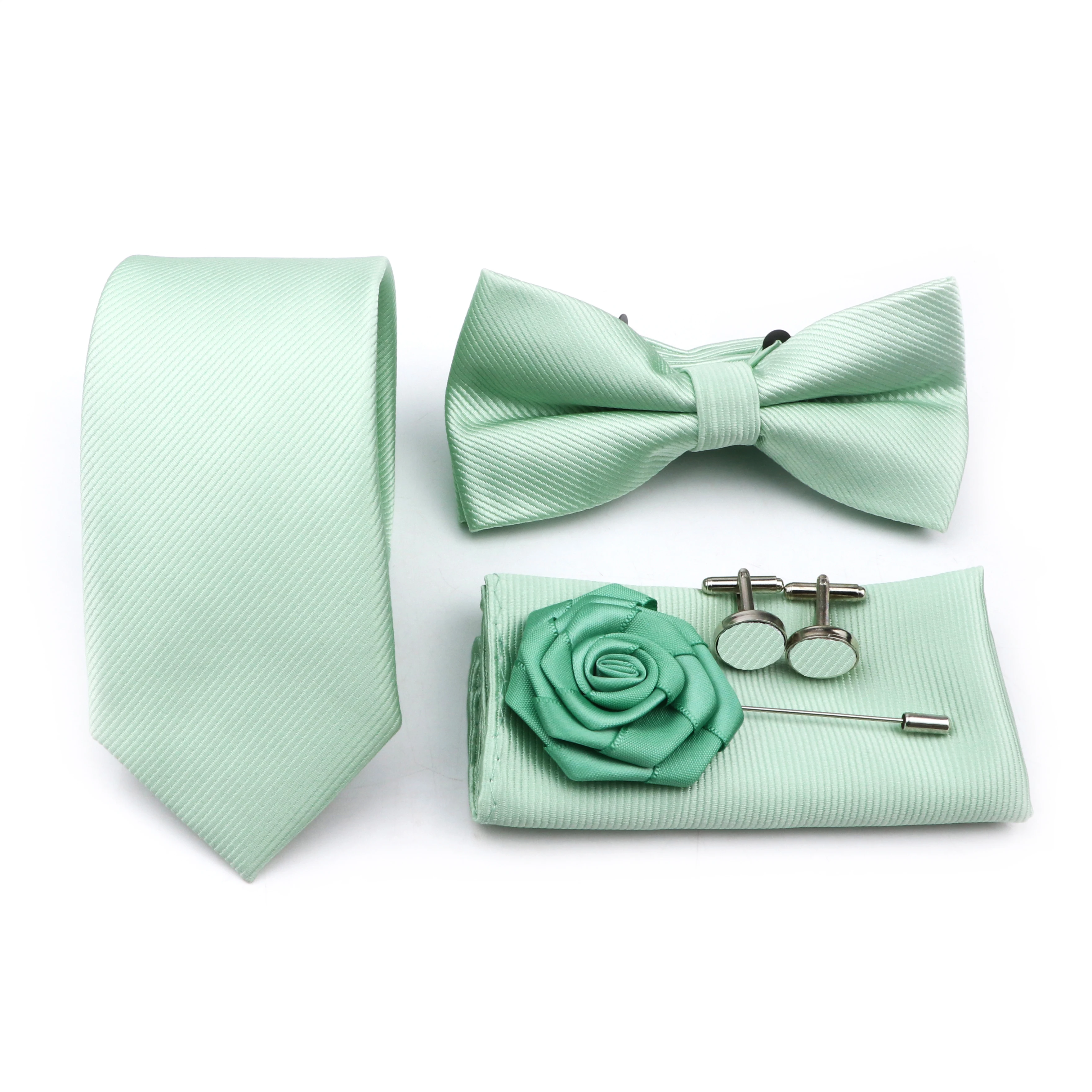 Hot Sale Sage Green Tie Set Polyester Necktie Bowtie Cufflink Brooch Cufflinks For Groom Suit Wedding Cravat Shirt Accessory