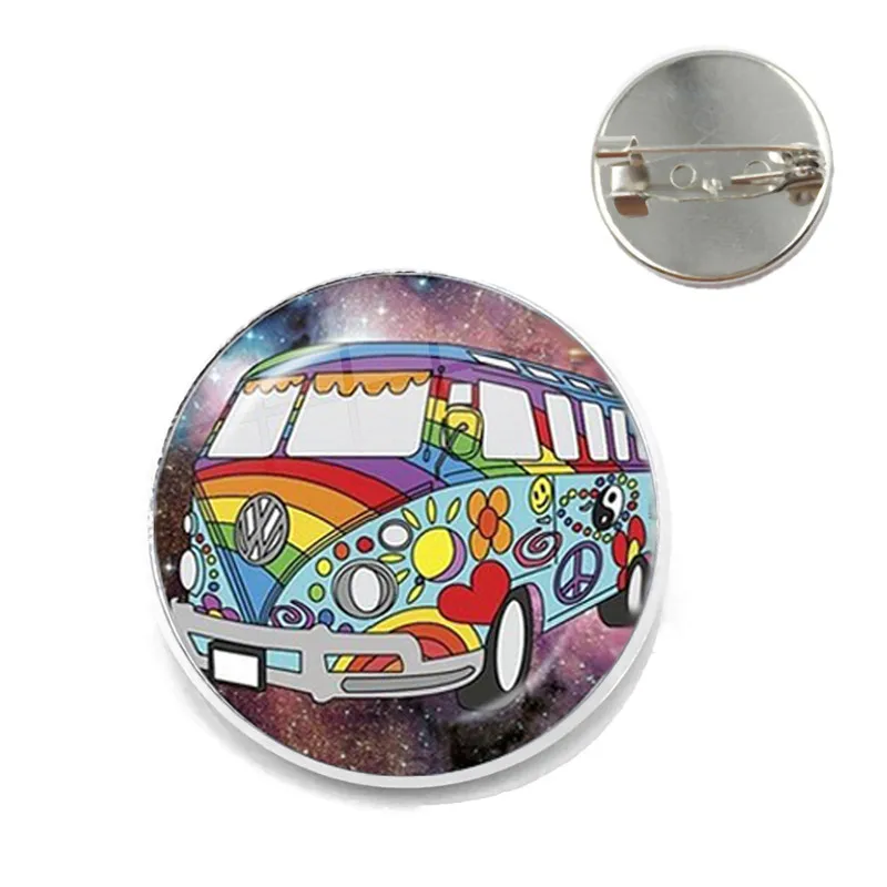 New Design Peace Sign Van Bus Brooch Pin Fashion Silver Color Glass Cabochon Hippie Car Badge Brooches Collar Pins For Women