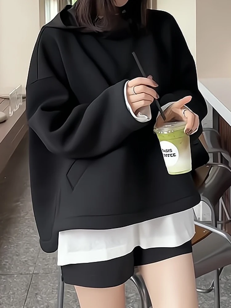 

Уникальный дизайн, свободный крой, черная толстовка с капюшоном для женщин, модная осенне-зимняя повседневная удобная одежда больших размеров, внутренняя одежда, бренд Gtuq