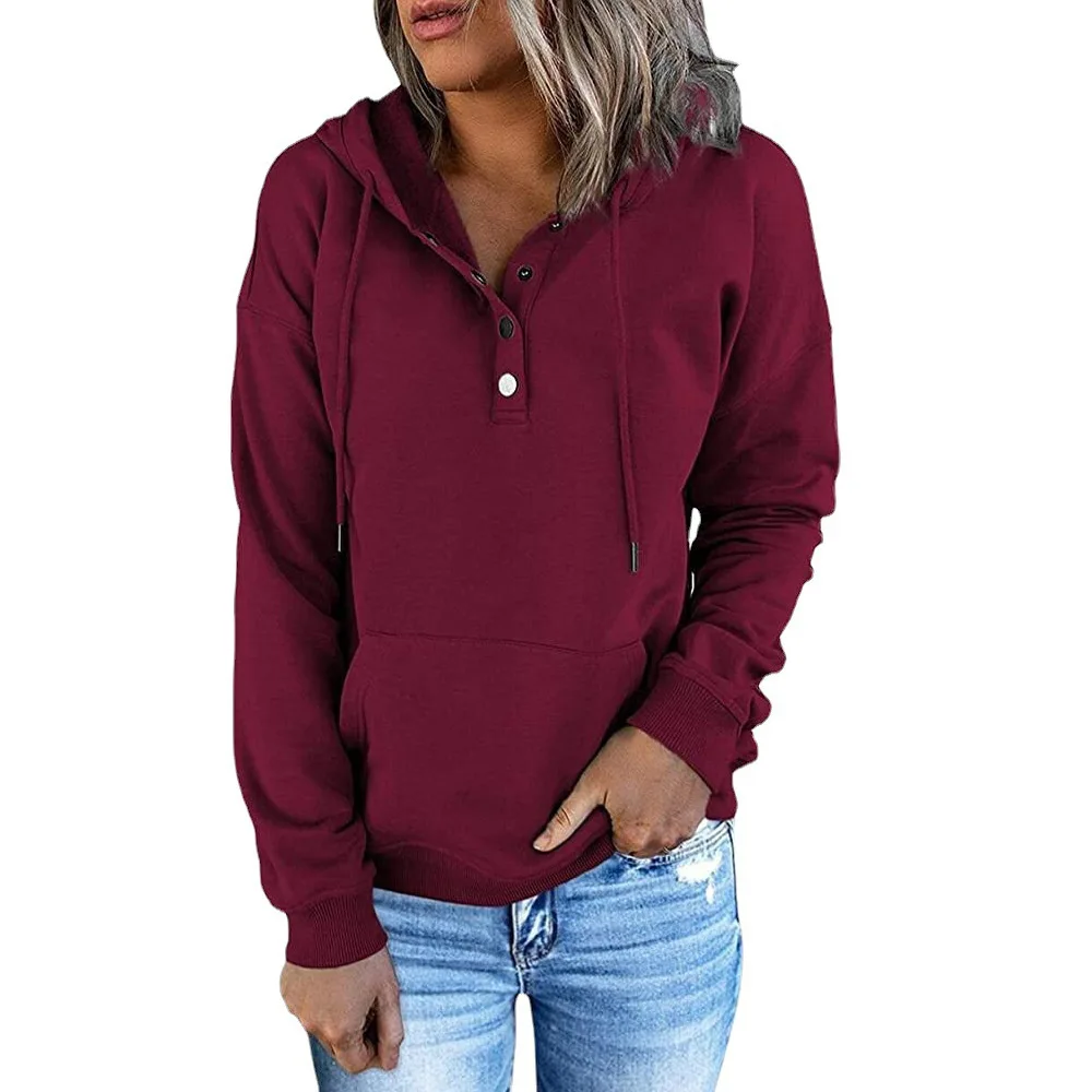 Nouveau Ropa De Mujer Otoño Felpe Con Cappuccio Moletom polyvalent à capuche bouton à manches longues couleur unie bureau banlieue pull haut