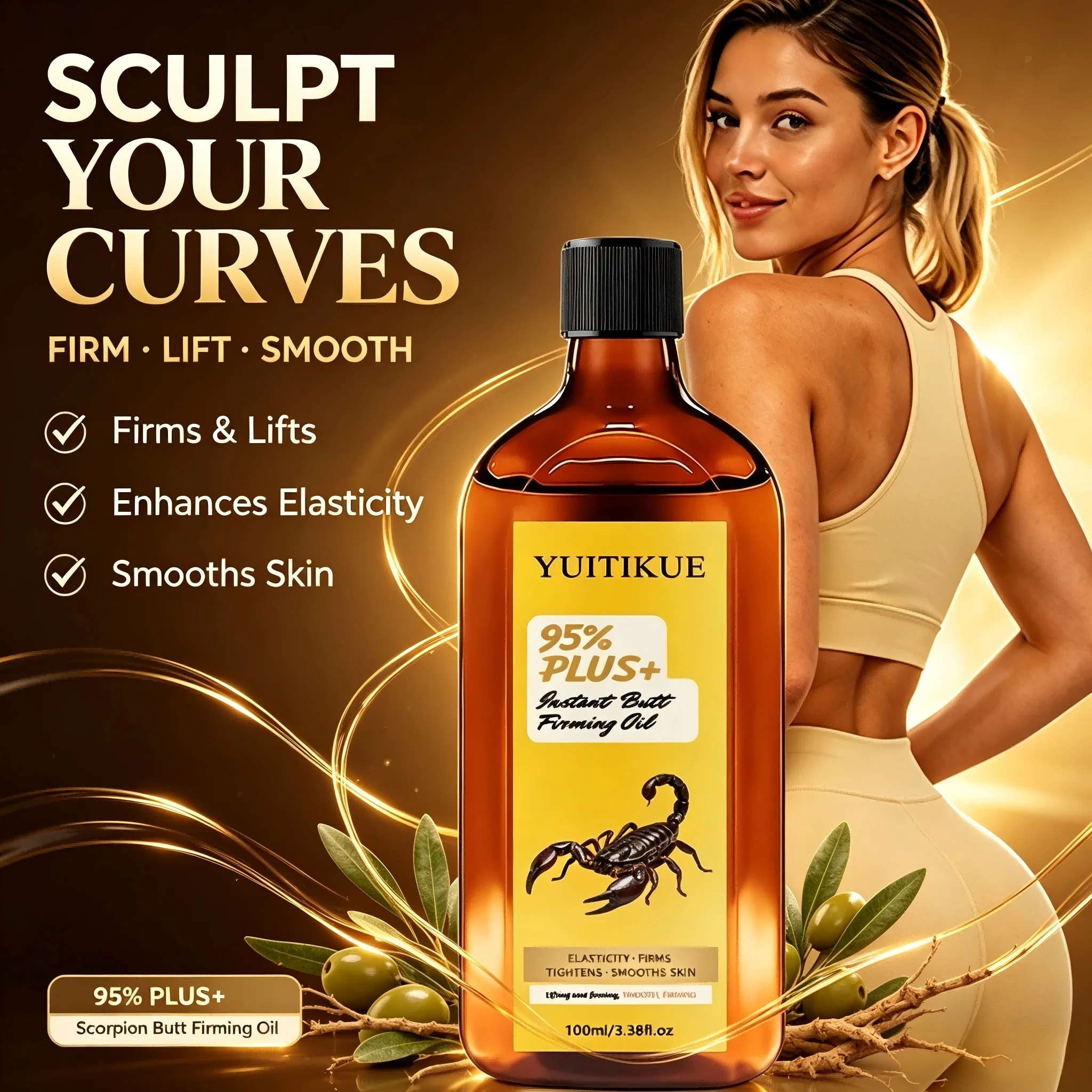 YUITIKUE 95% PLUS Scorpion Butt Firming Oil, Lifting Tightening Smooth Hip Massage Body Oil 100ml