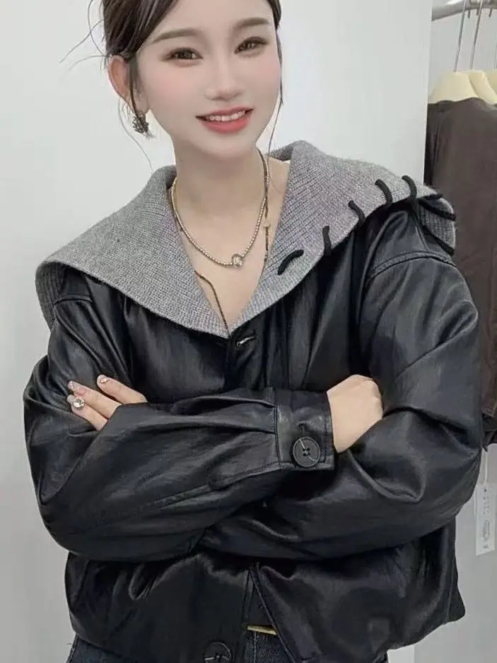 Black Design Sense Navy Collar Super Beautiful Leather Jacket Women Spring New Small Casual Slim Short Coat Button Closure