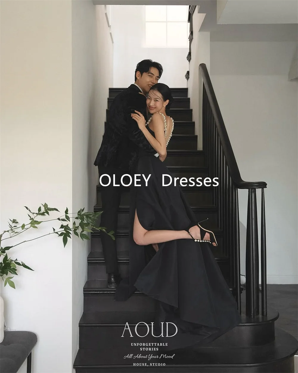 OLOEY Luxury Pearls Black A Line Prom Dresses Korea Photoshoot Pleats Side Slit Floor Length Wedding Party Gowns Customized