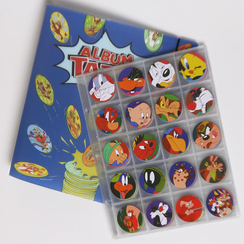 Lote De Tazos Album Looney tasos Tunes 100/100 Pieces New Complete Collection Super Mega Master Milkcaps Round Chaps Cards