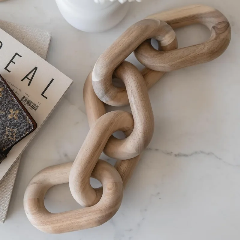 Book Shelf Decor Aesthetic - Acacia Wood Chain Link Decor, Modern Coffee Table Decor Items, Home Décor Accents, Bookshelf Decor