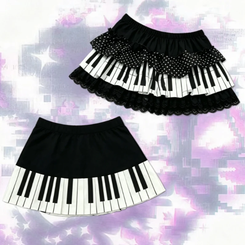 2026 Y2K Aesthetic Piano Print Ruffle Lace Mini Skirt Women Vintage Retro Harajuku Casual French Elegant Summer Streetwear Skirt