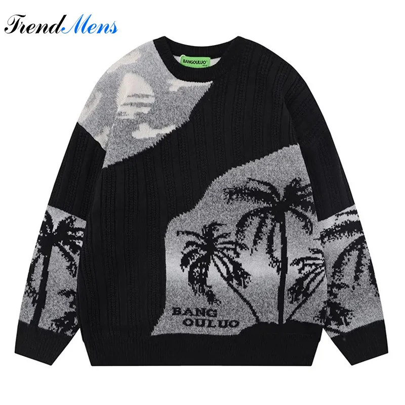 Vintage Colored Coconut Jacquard Pullover Men Loose Relaxed Couple Round Neck Knitwear Harajuku High Street Comfortable Sweater