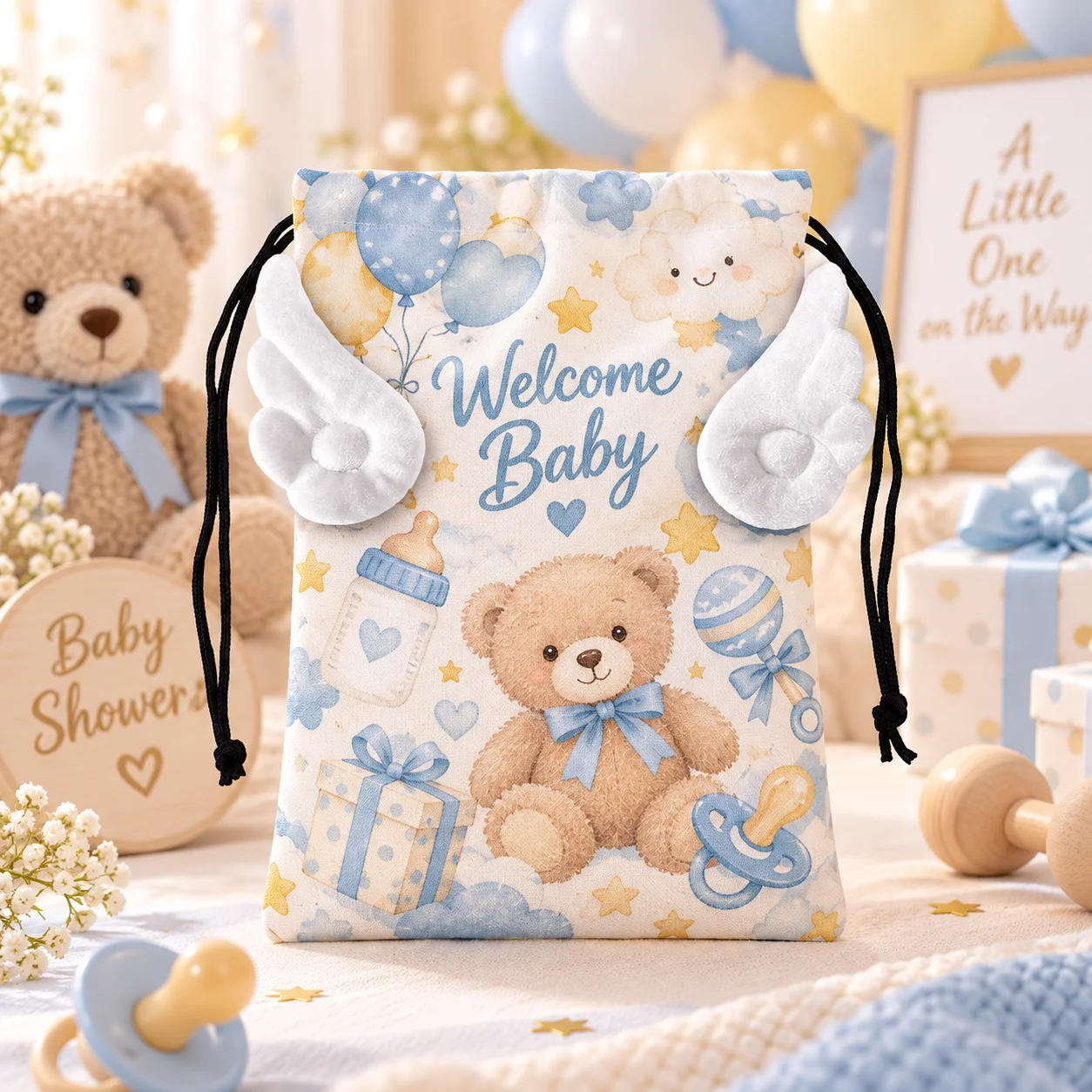 Personalized Drawstring Bag 13x18cm Custom Gift Pouch with Angel Wings, Reusable Polyester Storage Bag for Party Favors Gifts