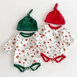 2024 Christmas Infant Baby Boys Girls Jumpsuit+Hat Cartoon Print Newborn Baby Boys Girls Bodysuits New Year Clothing Suit