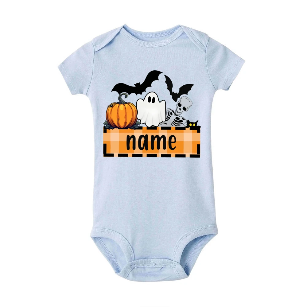 Custom Name Ghost&Pumpkin Print Baby Romper Personalize Short Sleeve Infant Bodysuit Halloween Holiday Newborn Clothes Best Gift