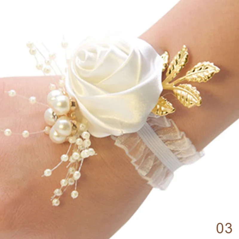 

Bridesmaid Faux Rose Bracelet with Artificial Flowers, Wedding Wrist Corsage, Polyester Ribbon, Pearl Bow, Bridal Gifts, Hand Fl