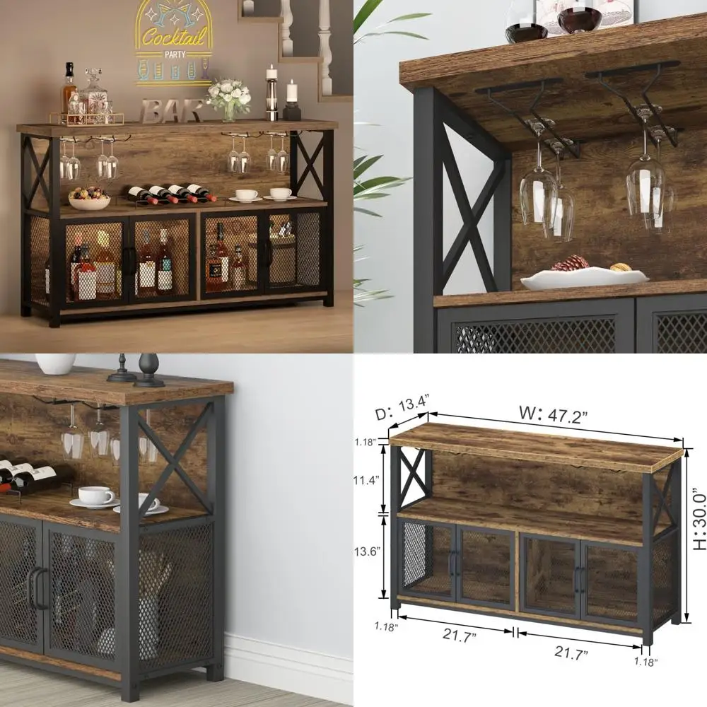 خزانة بار القهوة والنبيذ الصناعية، تخزين المشروبات الريفية مع بوفيه خزانة جانبية معدنية وخشبية #1