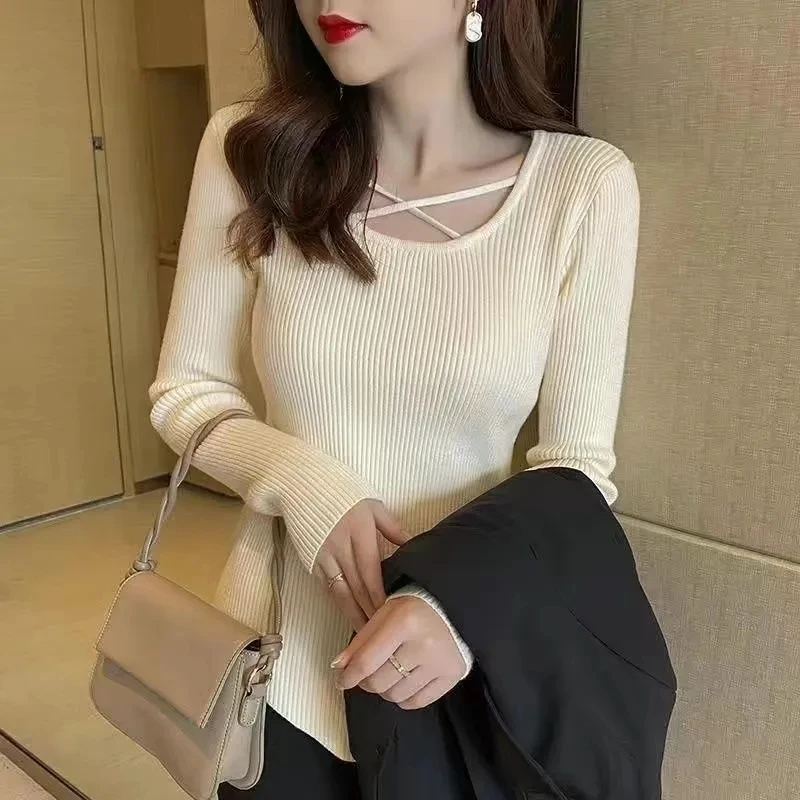 New 2022 Wome Round collar Set head Sweater Autumn Long Sleeve Slim Elastic Simple warm Jumper irregular Solid Color knit Top