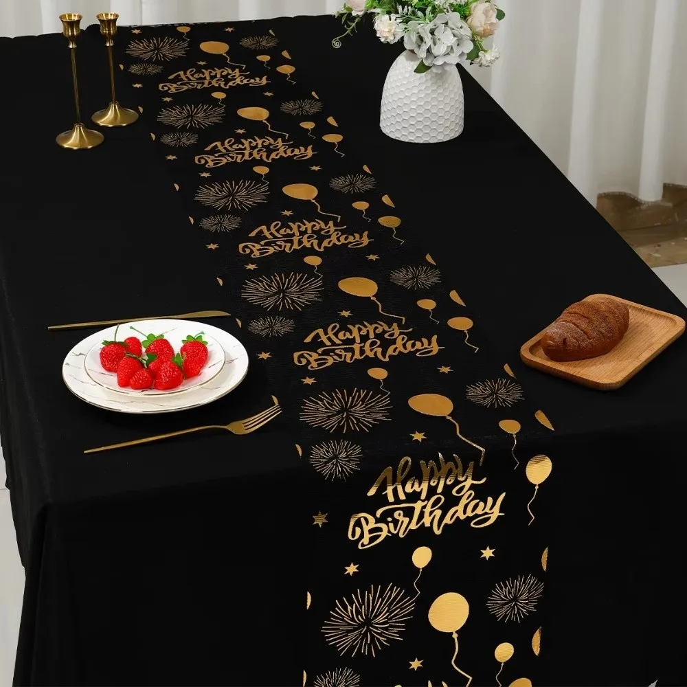 

Hot Stamping Birthday Table Flag Balloon Design Polyester Black Gold Table Runner Washable Birthday Table Runner Party Supply