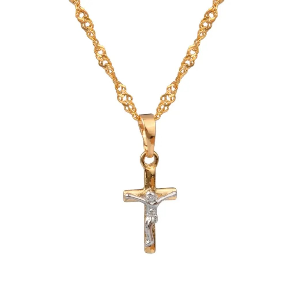 Anniyo 1.7CM MINI Two Tone Jesus Cross Pendant Necklaces for Women Girl Christian Religion Charms Small Jewelry @@061504