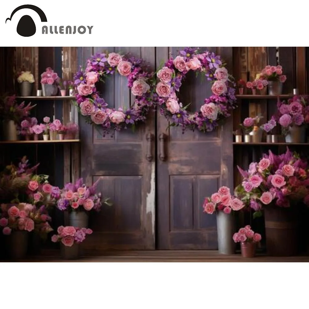 

Allenjoy Spring Purple Flower Barn Door Photography Backdrop Vintage Wooden Wreath Rustic Portraits Photoshoot Background