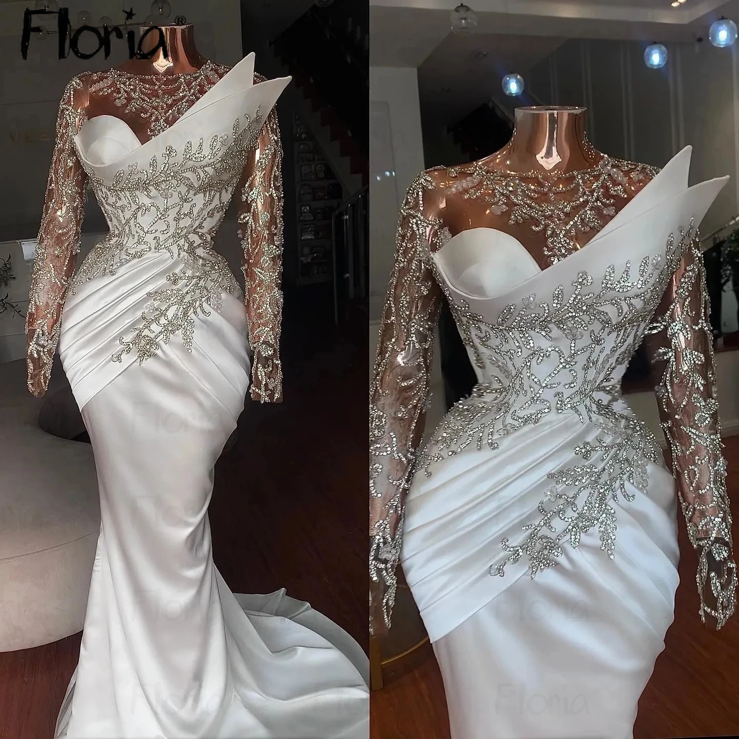 Vestido de noiva árabe manga longa, Vestidos de noiva com o pescoço, arrasto plissado, veste sereia feminina, 2024