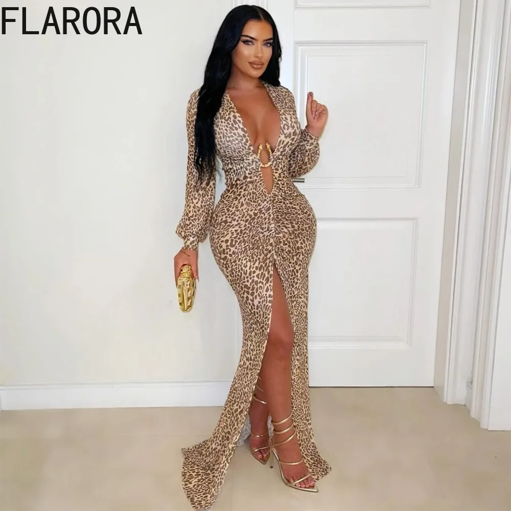 

FLARORA Sexy Leopard Printing Maxi Dress Woman Deep V-Neck Metal Decoration Patchwork Peach Hip Dresses Elegant Party Vestidos