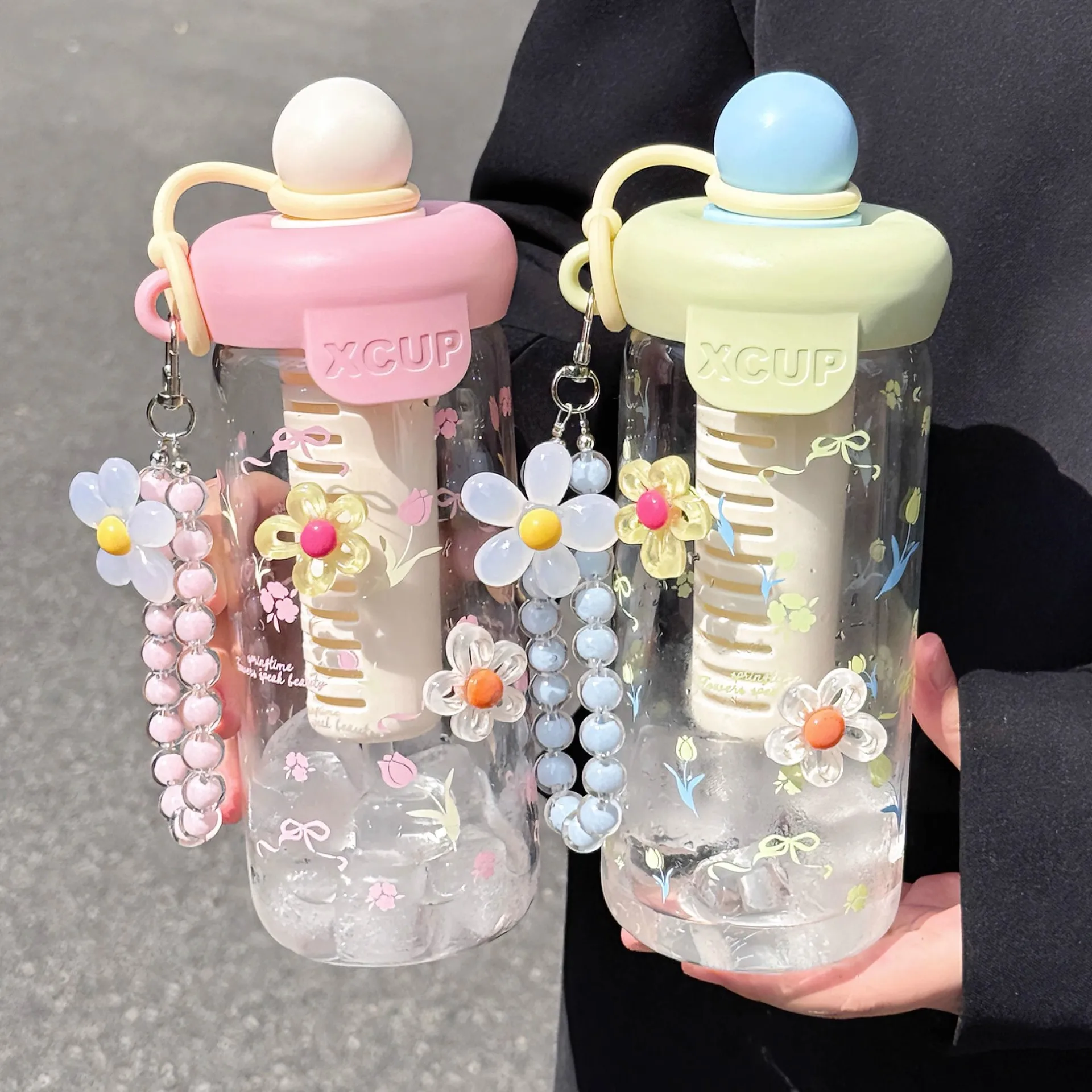 720ml Cute Floral Plastic Water Bottle With Tea Infuser Bead Chain Leakproof Portable Travel Cup For Girls