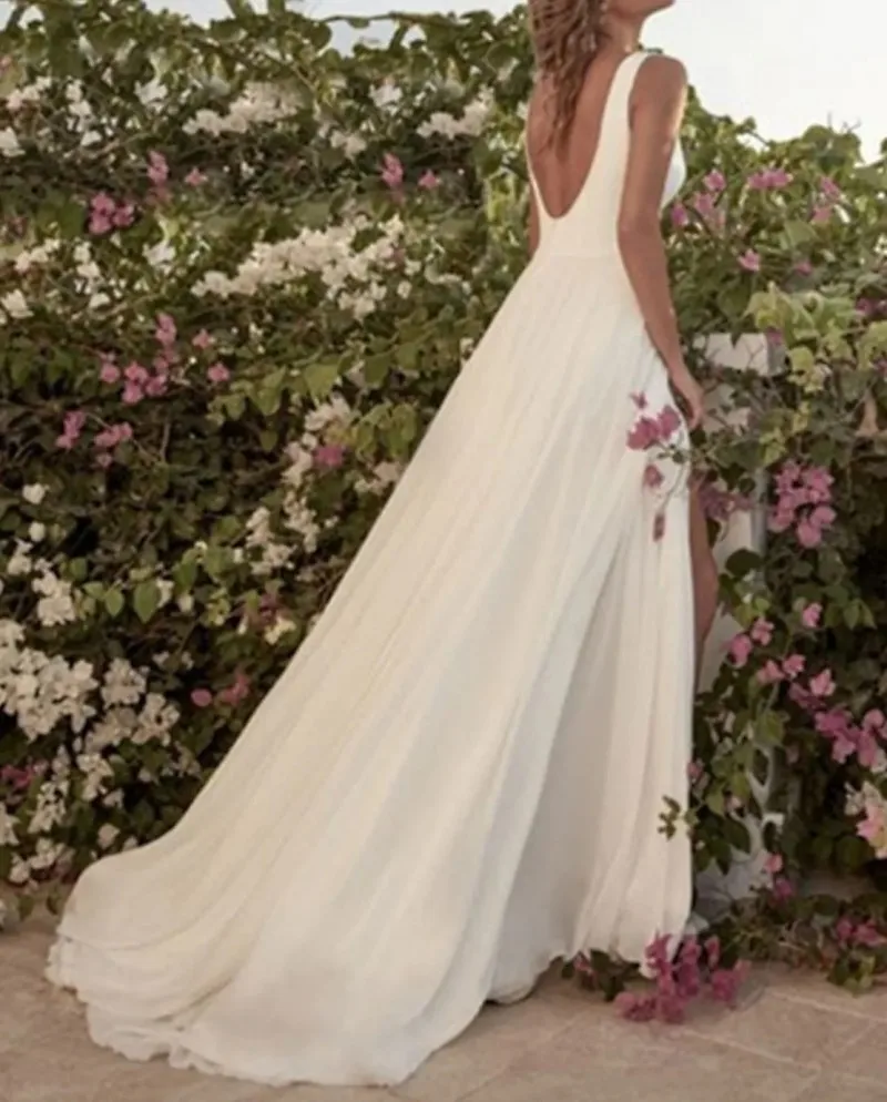 Vestido De novia informal De gasa con cuello De Joya, sin mangas, longitud hasta el suelo, novedad