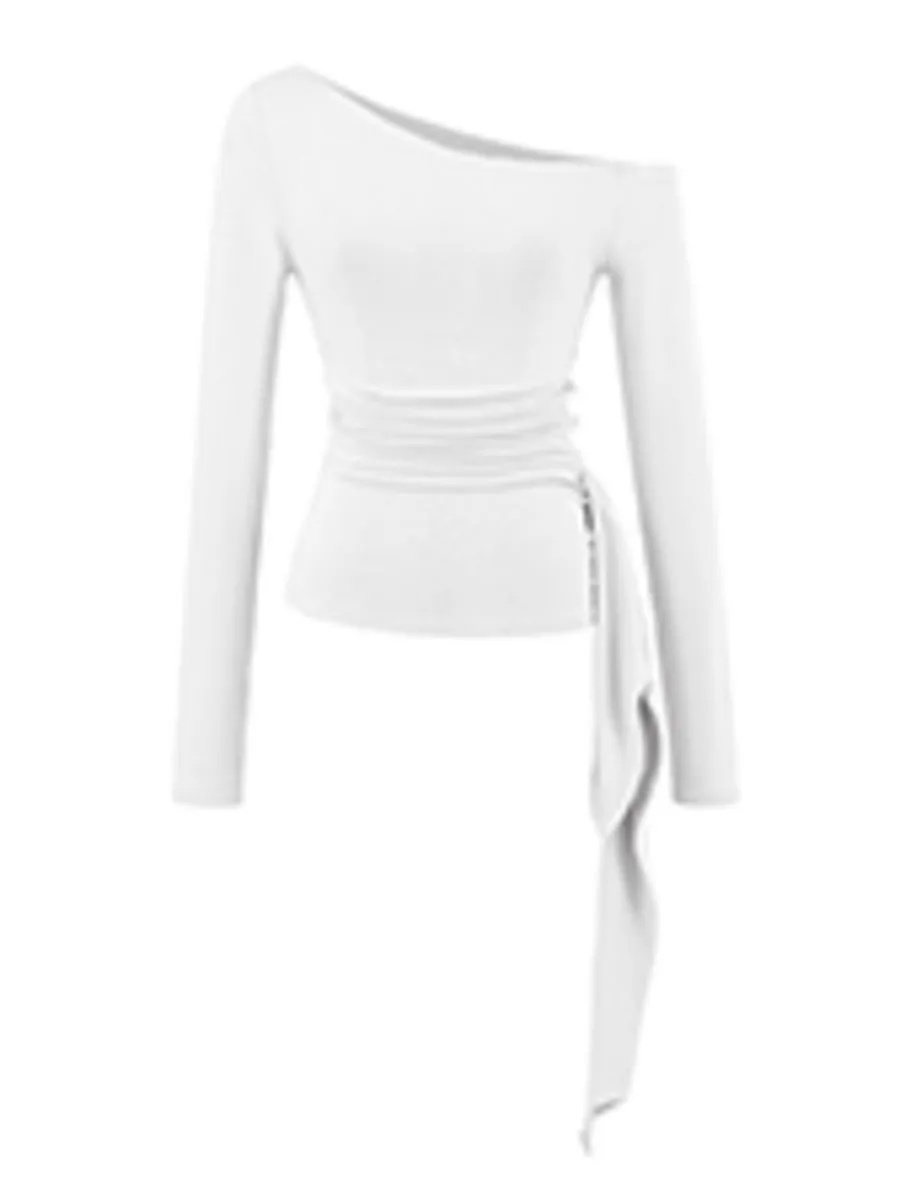 Camisetas ajustadas a la moda para mujer, camiseta Sexy de manga larga con hombros descubiertos y cintura fruncida, cinta lateral, Top ZYH7