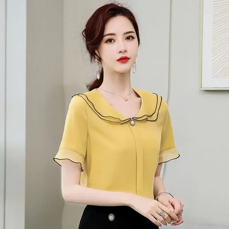 Summer New Chiffon All-match Thin Blouse Short Sleeve Solid Color Patchwork Office Shirt Tops Elegant Fashion Women Clothing B83