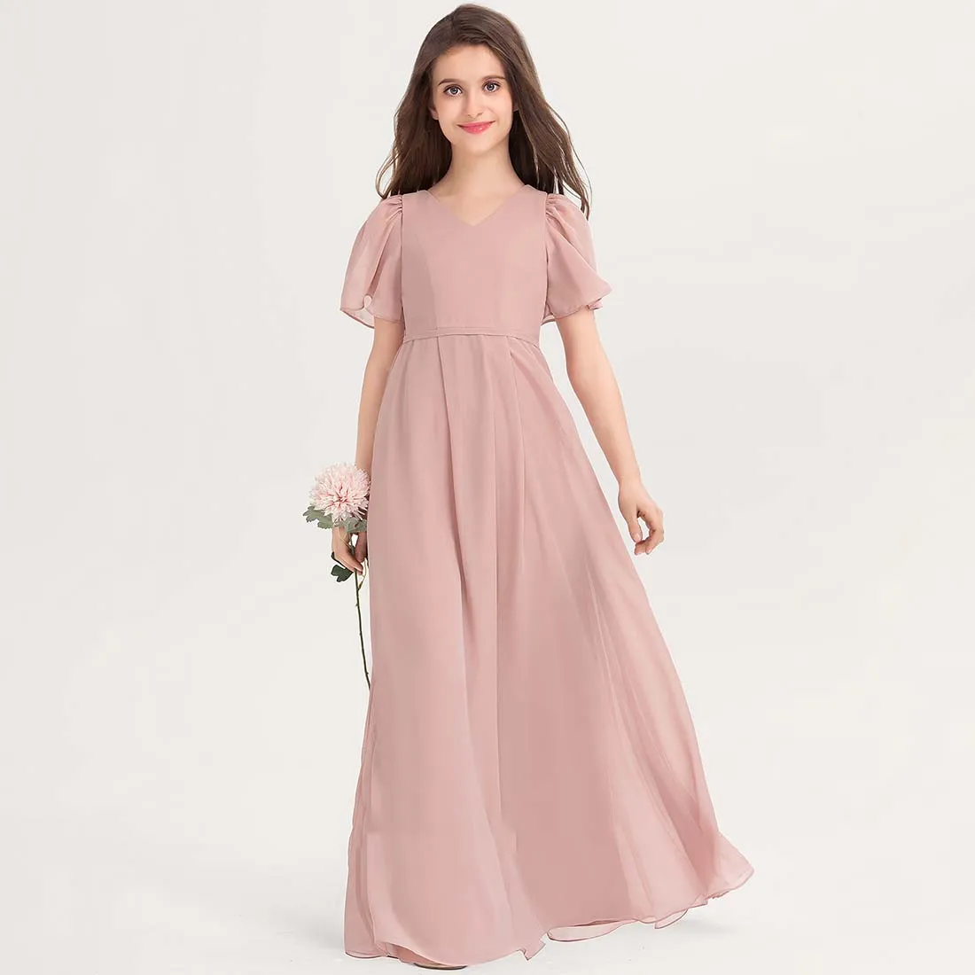 

YZYmanualroom Chiffon Junior Bridesmaid Dress A-line Scoop Floor-Length 2-15T