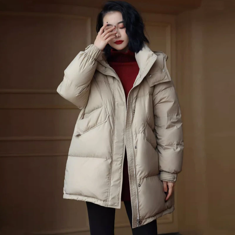 

Новая теплая женская пуховая куртка-парка Janveny с капюшоном на осень-зиму 2026 года, повседневная свободная куртка оверсайз с наполнителем из белого утиного пуха