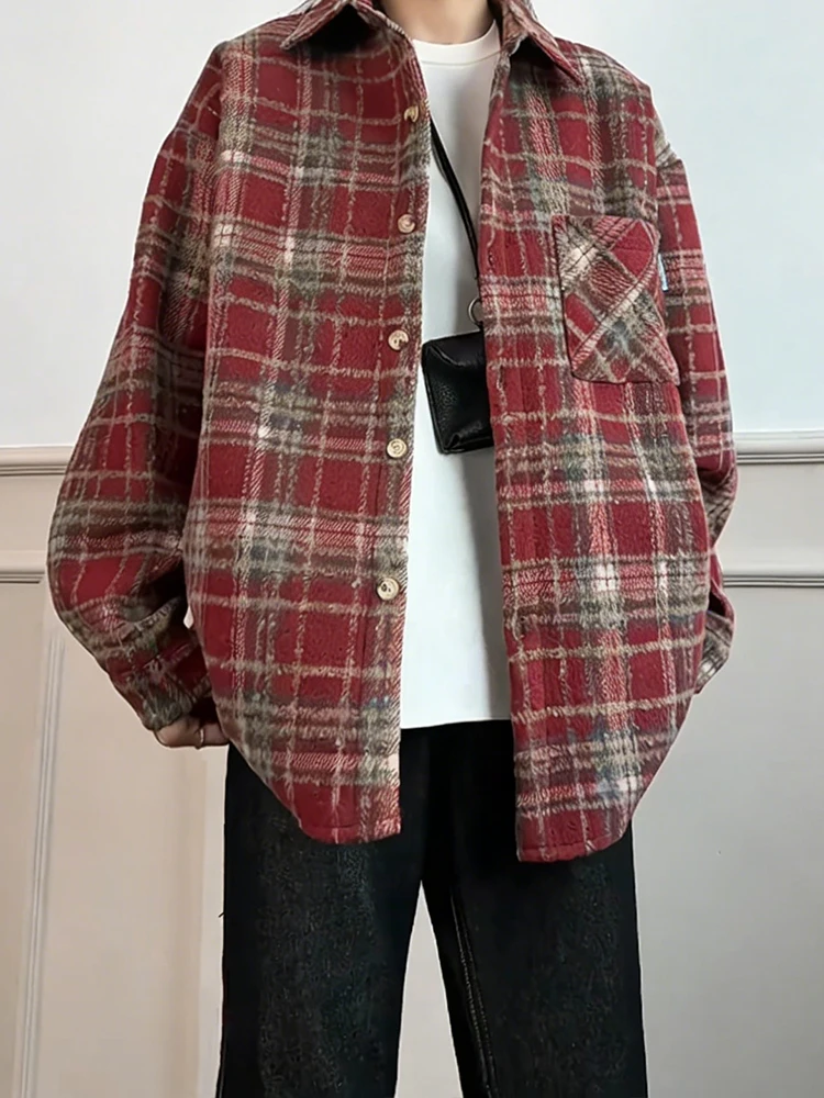 

Red American Retro Plaid Flannel Shirt Men's Thickened Fleece Lapel Coat Autumn Winter High Quality Cool Woolen Outerwear