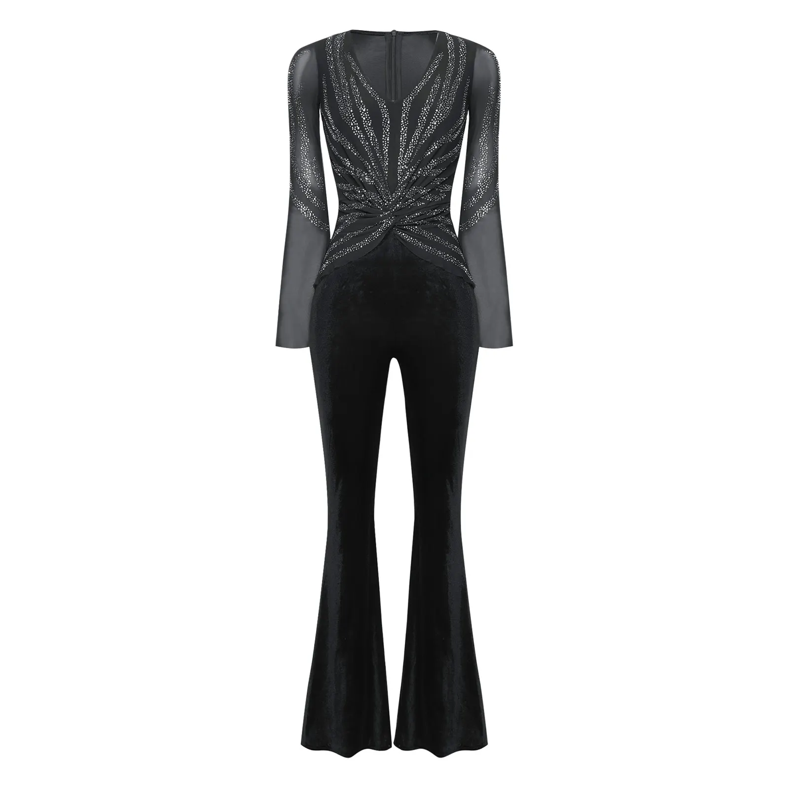 Women Sparkly Rhinestones Jumpsuit Tulle Flare Long Sleeve Bodysuit Ballet Jazz Dance Cha-cha Tango Skating Gymnastics Costume