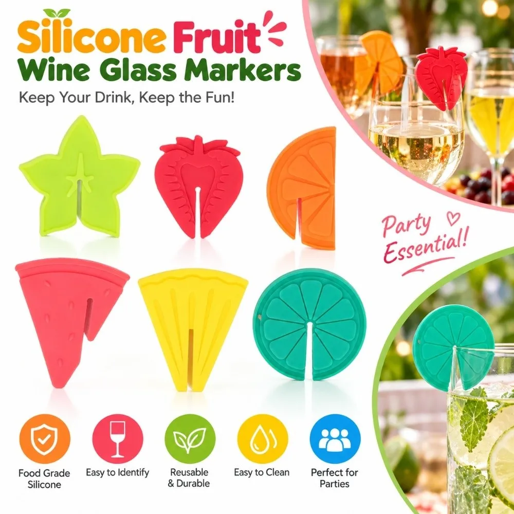 6 PCS Silicone Wine Glass Marker Colorful Fruit Pattern Drink Cup Label Reusable Practical Silicone Drink Tag