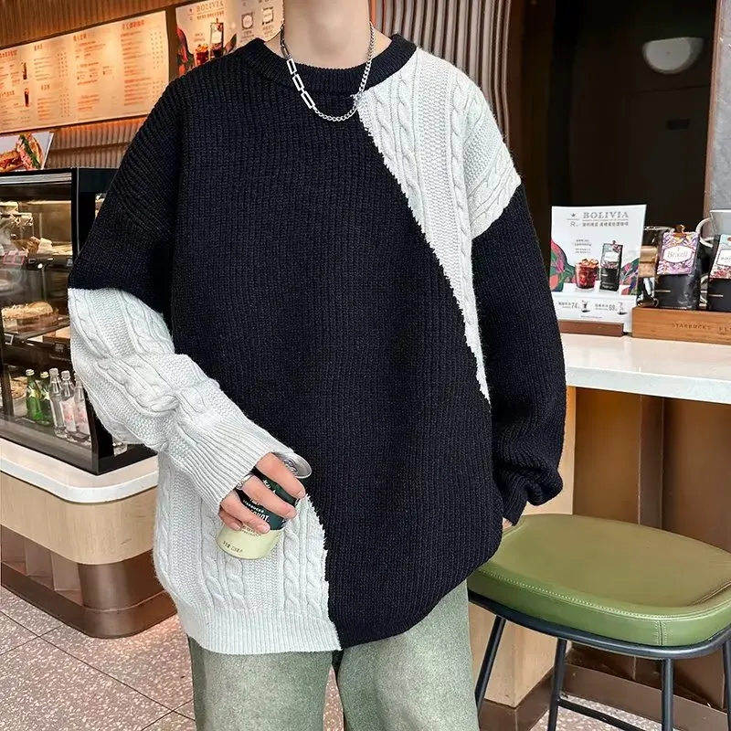 

Мужской трикотаж свободного кроя с цветовыми блоками, осенне-зимний, больших размеров (до 250 фунтов), повседневный, удобный, стильный, трендовый топ