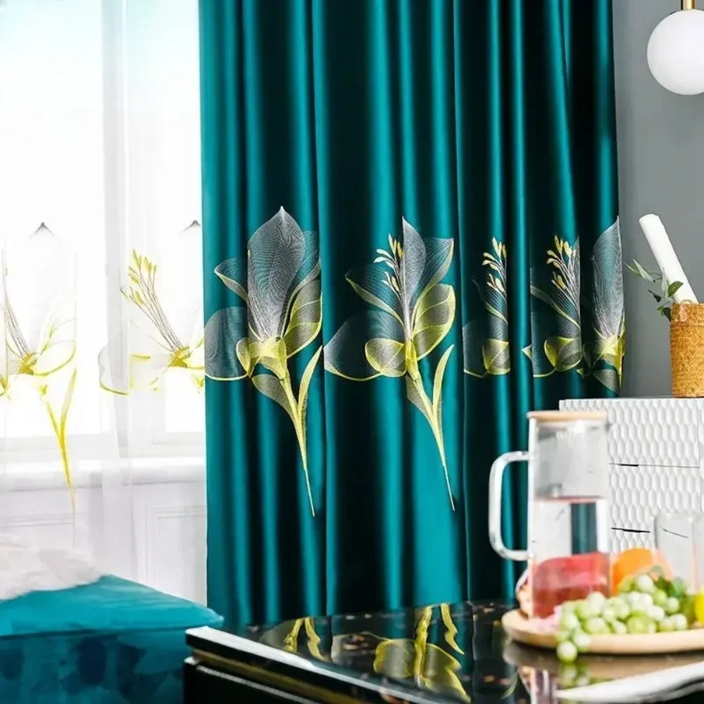 European Embroider Luxury Curtains for Living Room Blackout Bedroom Dining Lily Custom Tulle Sheer Window Drape Green