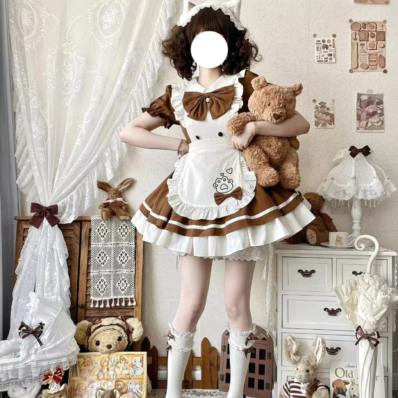 

Cute Cat Restaurant Lolita Maid Dress Short Sleeve Brown White Maid Outfit Cosplay Costume for Women Halloween Daily Wear
