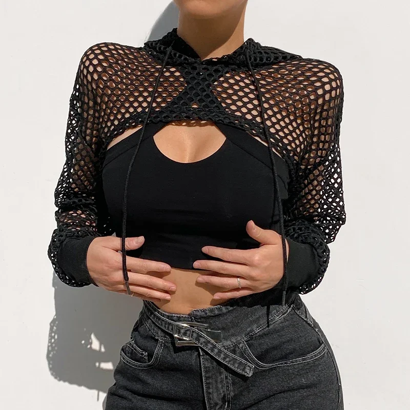 Womens Hollow Mesh Net Hooded T-Shirt Short Sleeve Tee Tops Transparent Black Swxy Clubwear Party