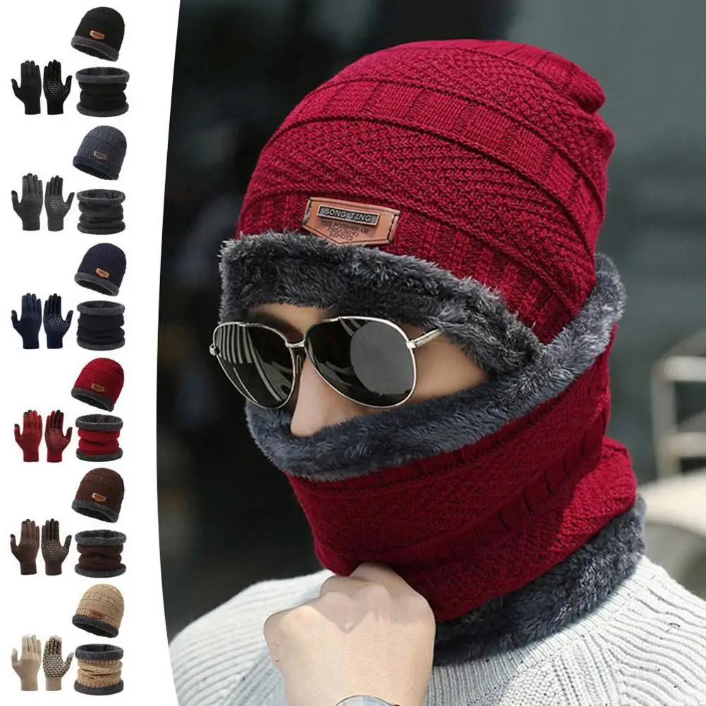 Gorro de punto grueso a la moda, conjunto de tres piezas para invierno frío, ciclismo, bufanda cálida a prueba de viento, guantes, gorro de punto, bufanda para el cuello, gorro para hombres