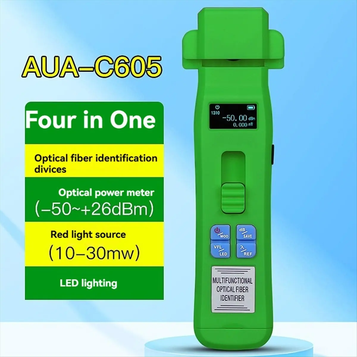 

Green AUA-C605 Rechargeable Optical Fiber Identifier + OPM + VFL + LED Light Fiber Optic Cable Tester FTTH Tool