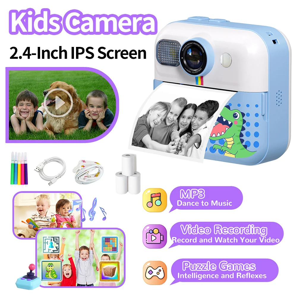 Kids Mini Instant Print Camera 2.4 Inch Screen Thermal Printing Camera with 3 Rolls Print Paper Children Camera 48MP 1080P Video