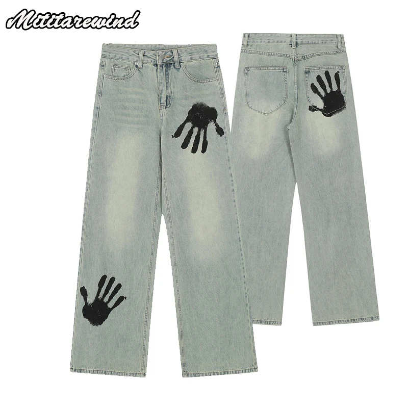 High Street Denim Pants Men and Women Hands Printed Jeans Men Mid-waist Casual Straight Denim Trousers Men Hipster Streetwear