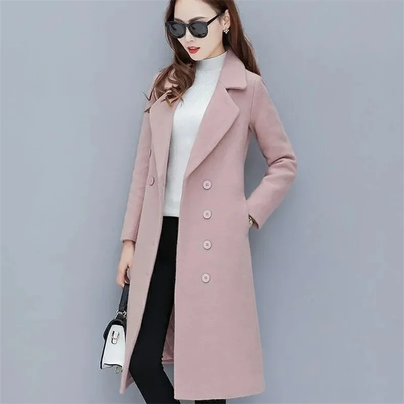 Female Woolen Coat Velvet 2023Women\'s Double-Breasted Woolen Coat Spring And Autumn Woolen Coat Fashion Suit Collar ThickTrench