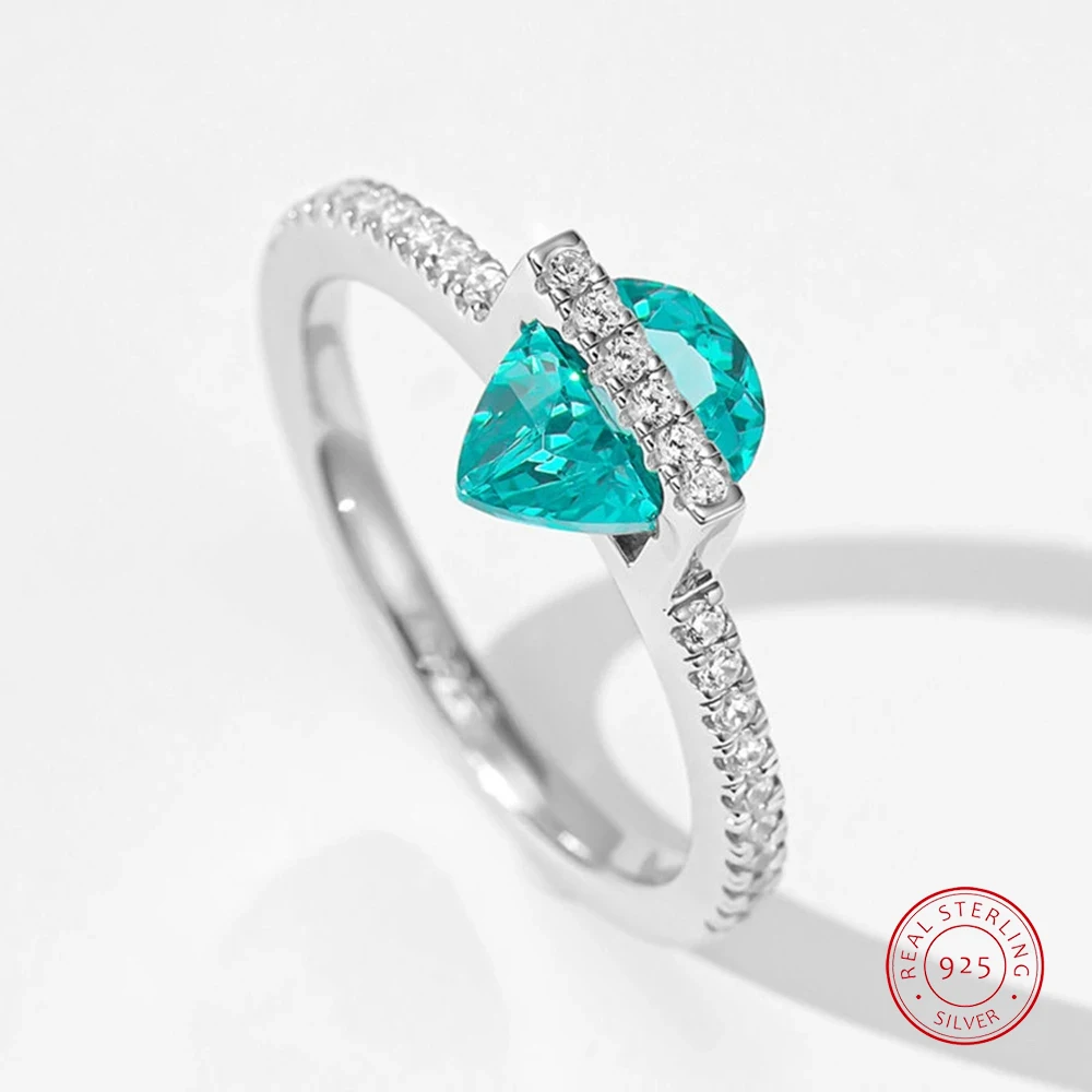 925 Sterling Silver Pear Cut Paraiba Tourmaline High Carbon Diamond Gem Engagement Rings for Women Fine Jewelry