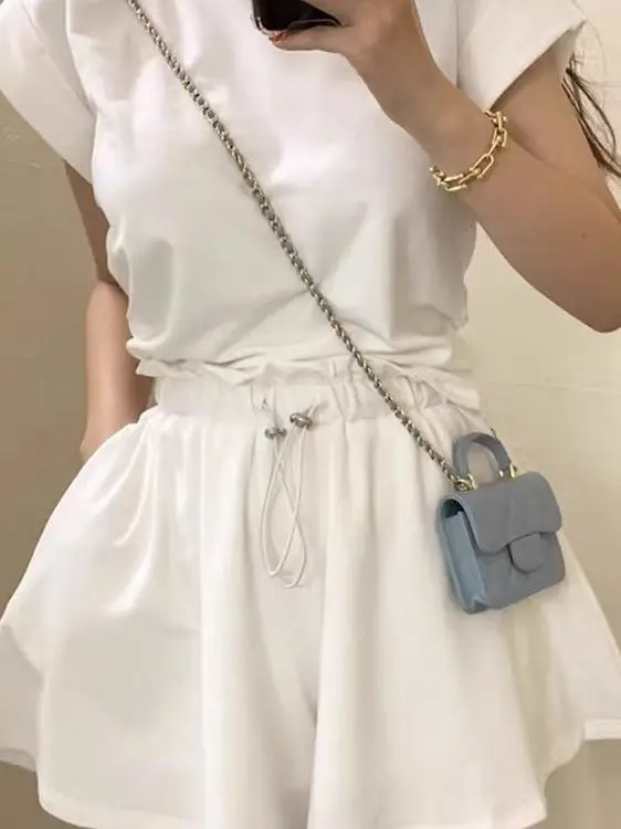 Elegant Summer T-Shirt Top with Back Slit And Tie Short Sleeve High Waist Wide Leg Short Pants Two Piece Set Casual Sportswear